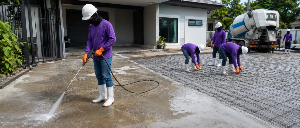 ทำความสะอาดพื้นที่หน้างานให้เรียบร้อย เพื่อเตรียมติดตั้งแบบและวางเหล็กไวร์เมช