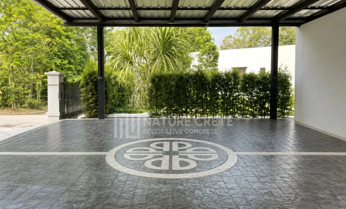 ลายพิเศษ ลวดลายตราสัญลักษณ์สีขาว กลางที่จอดโรงรถลาย London Cobble สีเทาดำ 1020x616