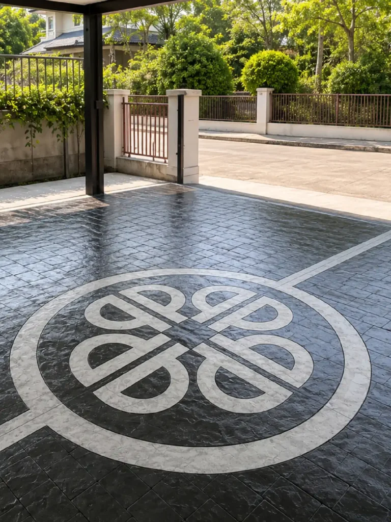 ลายพิเศษ ลวดลายตราสัญลักษณ์สีขาว กลางที่จอดโรงรถลาย London Cobble สีเทาดำ Cover